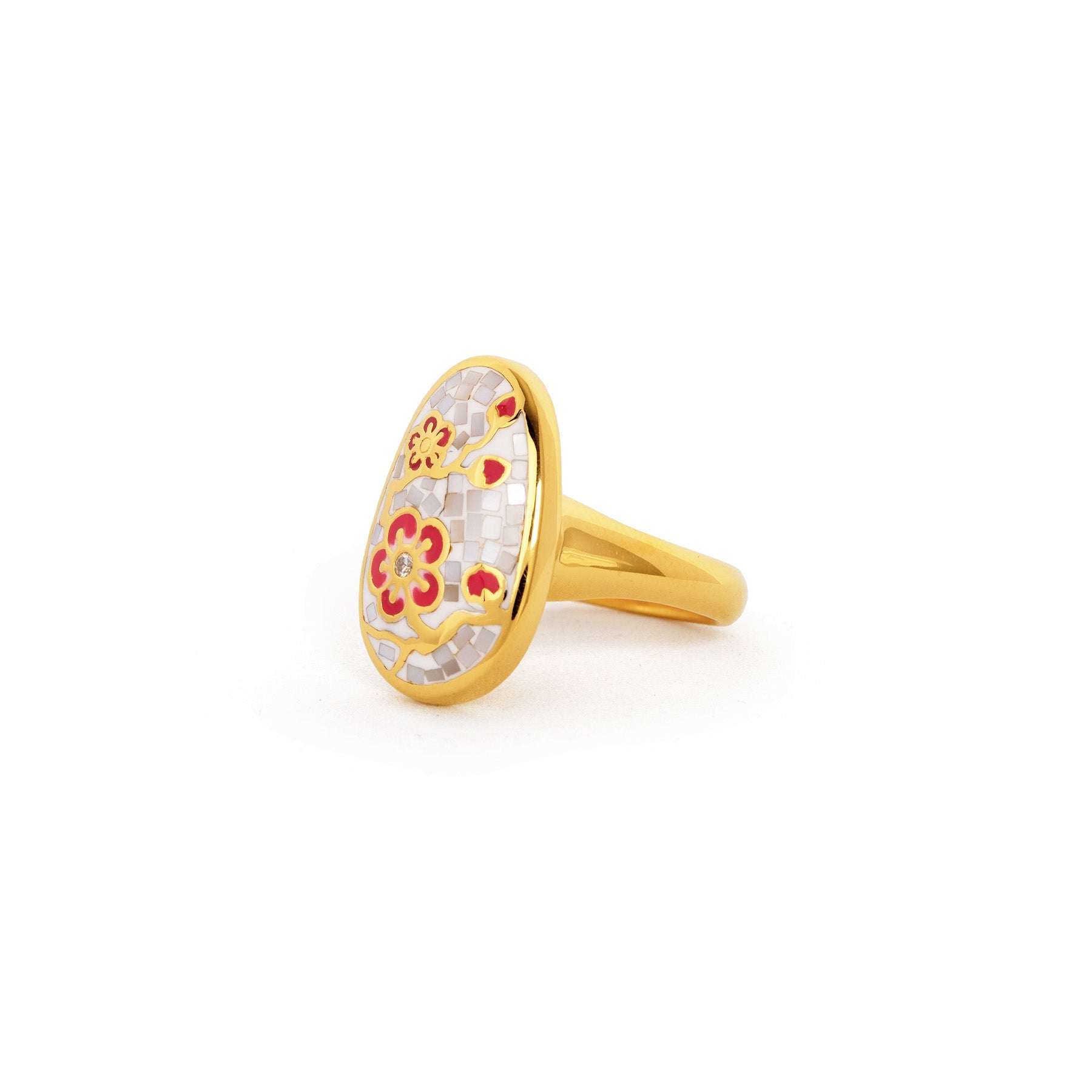 Plum Blossom Mosaic Mother of Pearl Ring Gold