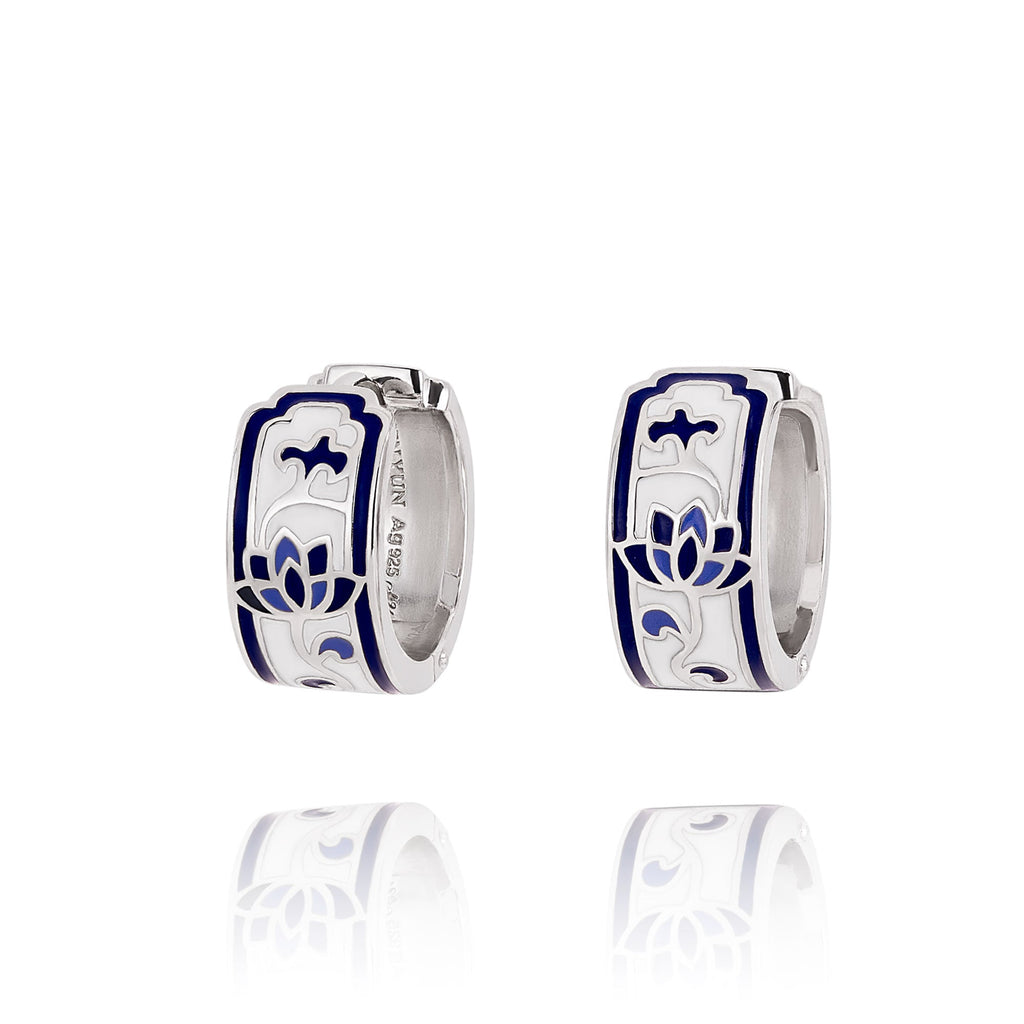 Blue and White Lotus Huggie Earrings