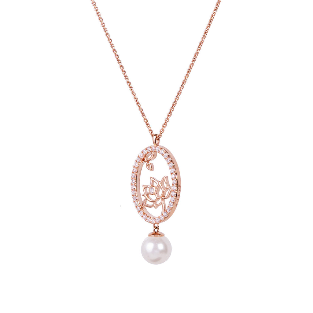Lotus Fairies Oval Necklace Rose Gold Side View - Shen Yun Collections
