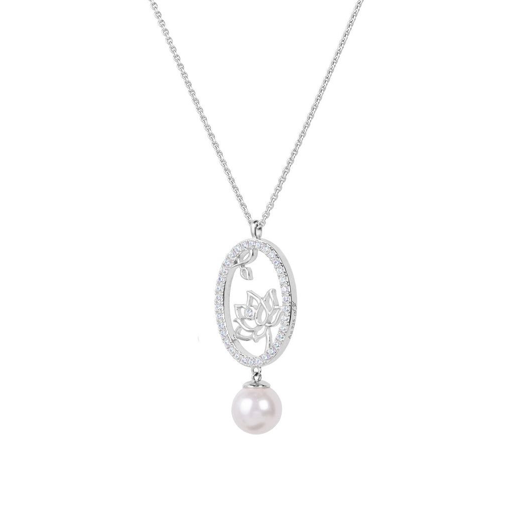 Lotus Fairies Oval Necklace Silver Side View - Shen Yun Collections
