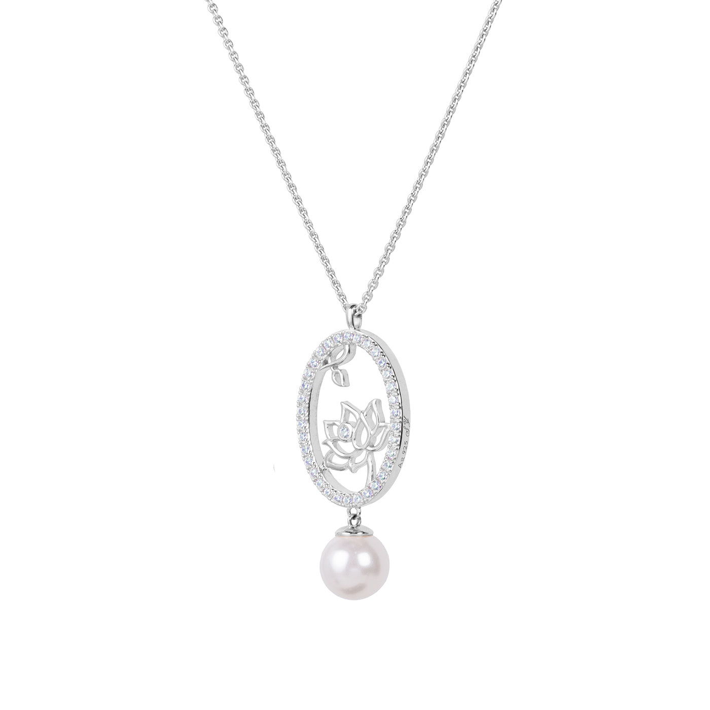 Lotus Fairies Oval Necklace Silver Side View - Shen Yun Collections