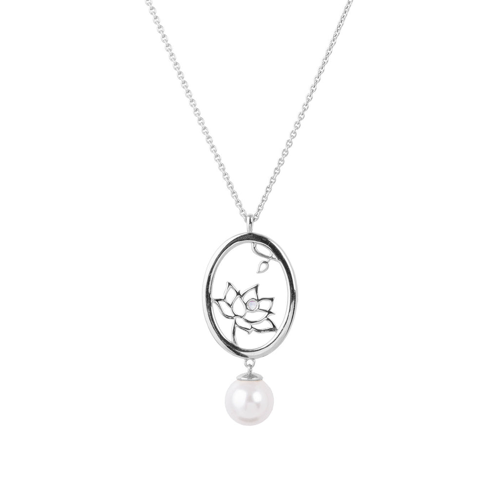 Lotus Fairies Oval Necklace Silver Back View - Shen Yun Collections
