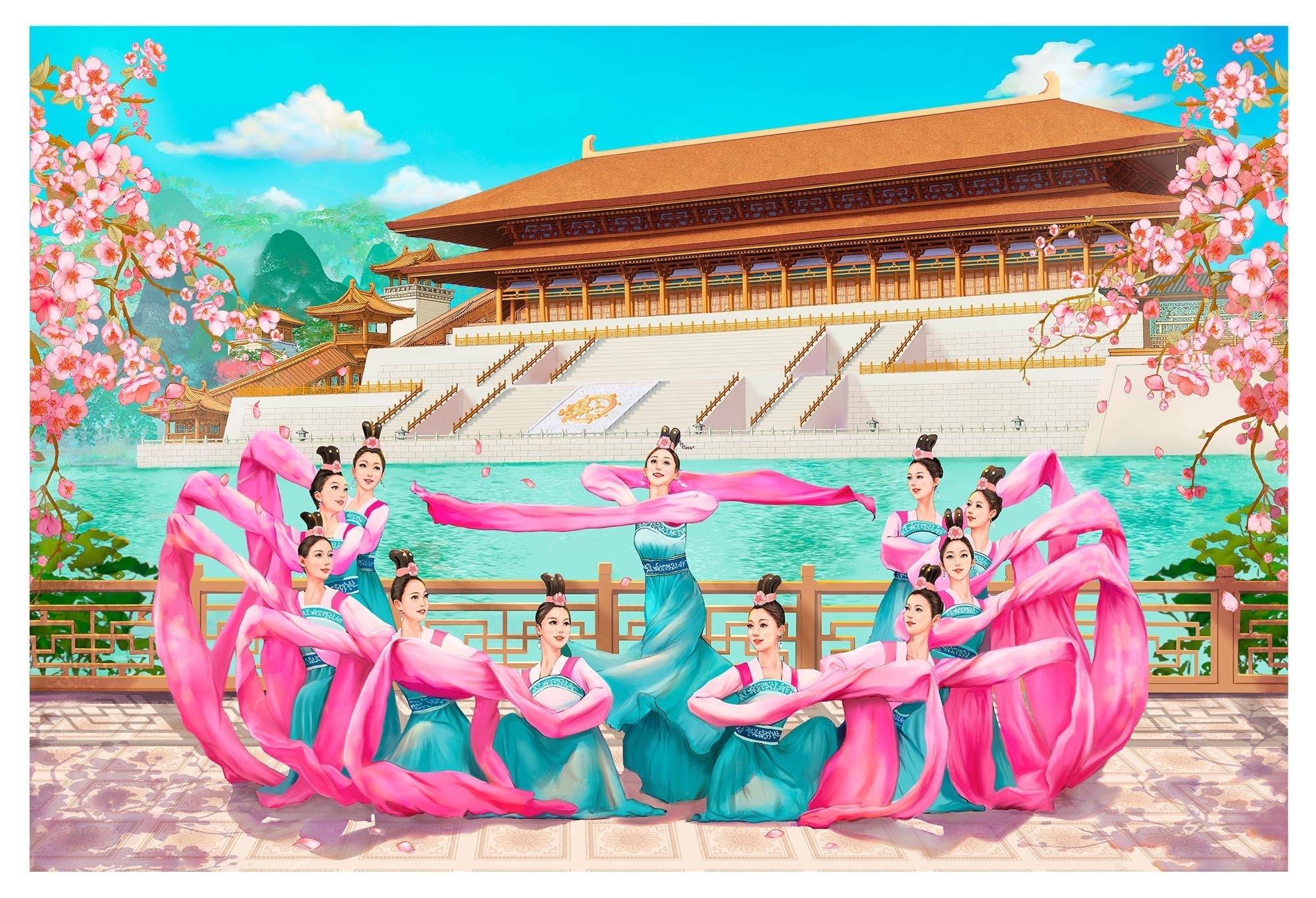 Sleeves of the Tang Palace Giclée Print Hand-Painted Original