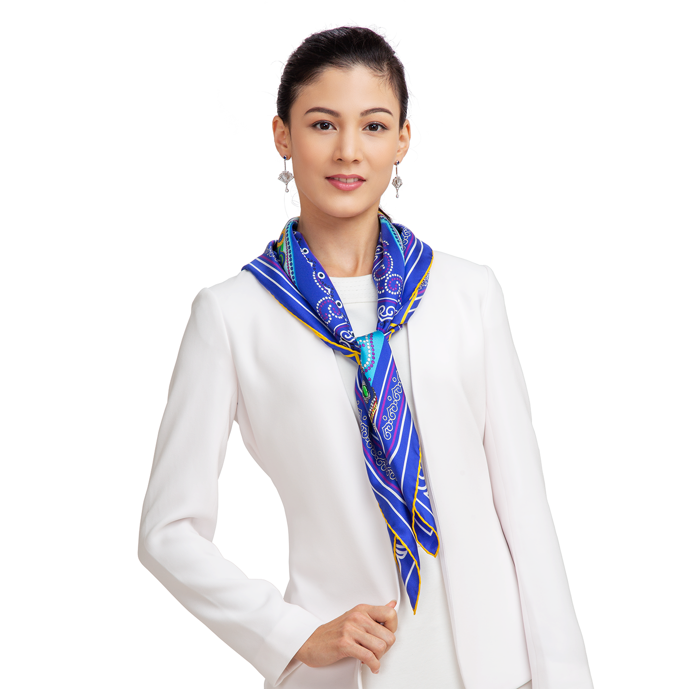 Mongolian Bowls Silk Scarf (36" x 36") Model Image | Shen Yun Collections