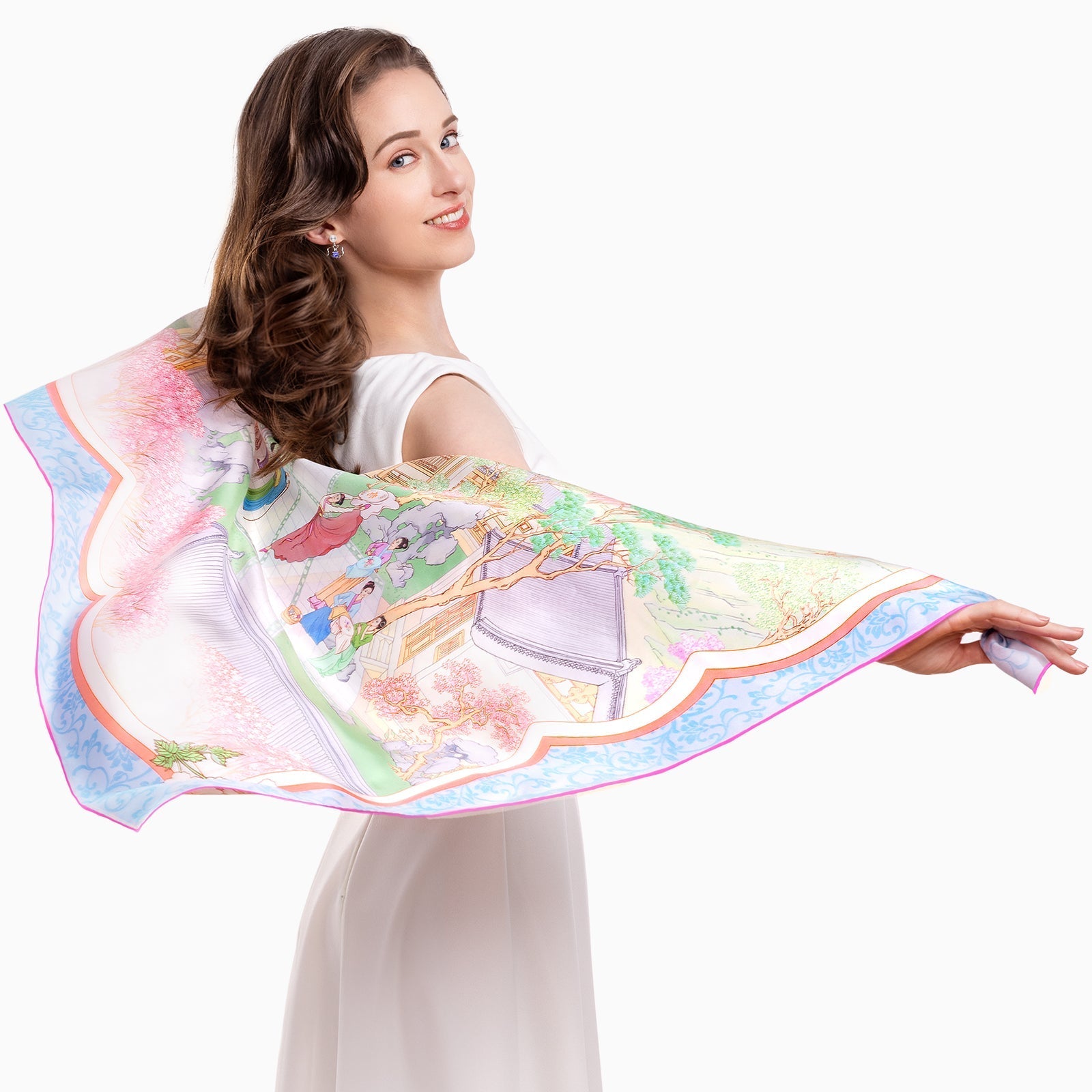 The Mulan Scarf Pink and Sky Blue Modeling - Shen Yun Collections