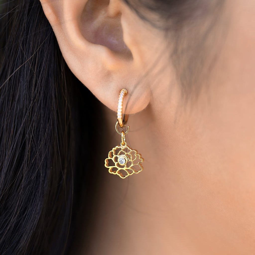 Tang Flower Charm Earrings Gold with White Gem Model Image| Shen Yun Collections