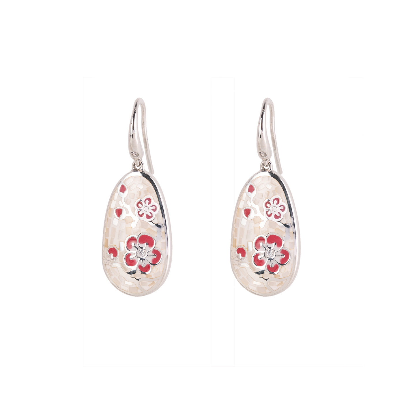 Plum Blossom Mosaic Mother of Pearl Earrings Silver