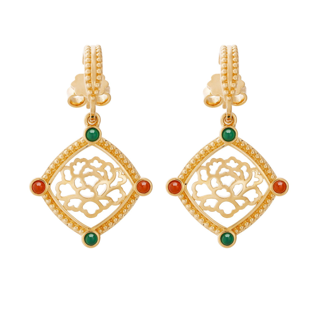  Golden Tang Peony Dangle Earrings Front | Shen Yun Collections