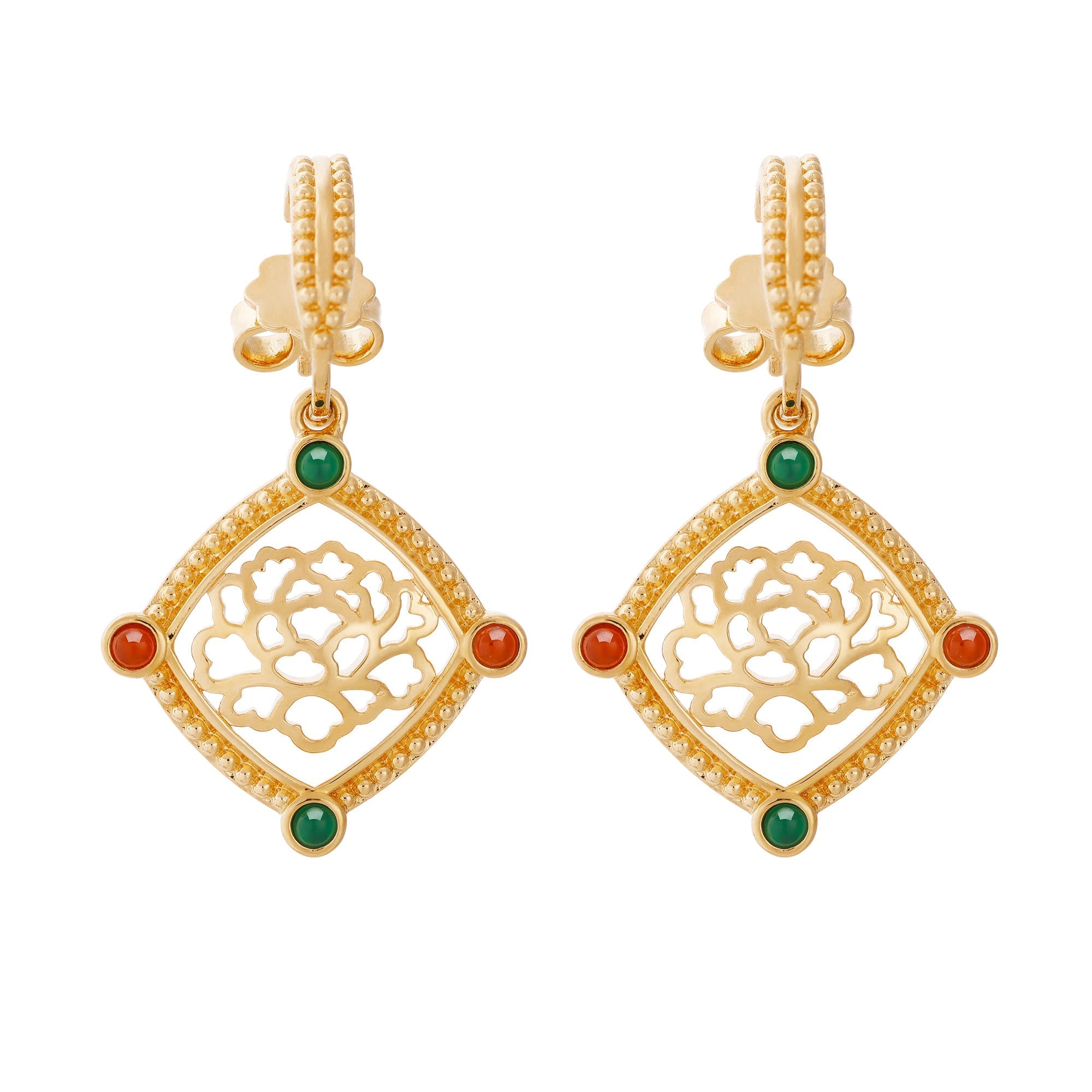  Golden Tang Peony Dangle Earrings Front | Shen Yun Collections