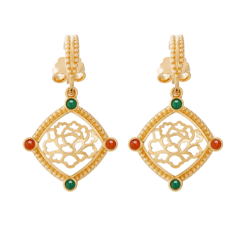  Golden Tang Peony Dangle Earrings Front | Shen Yun Collections