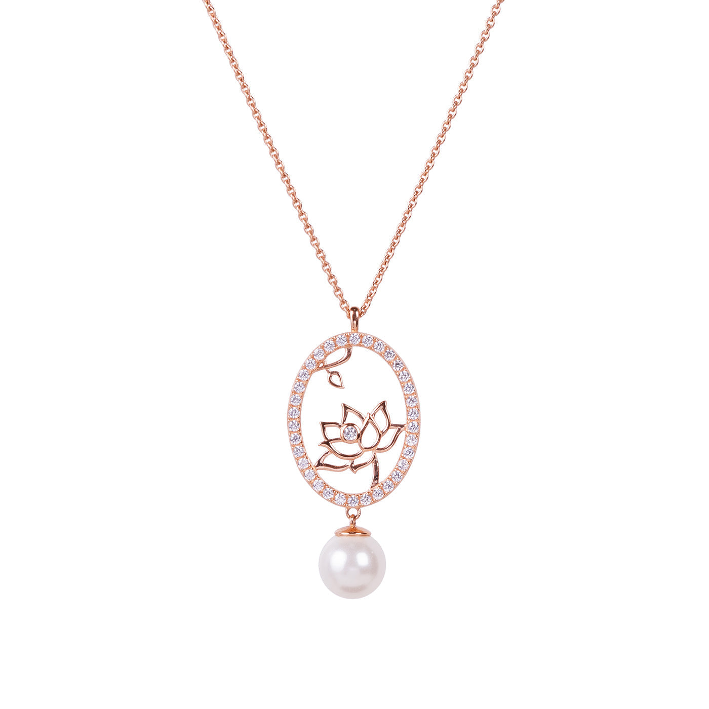 Lotus Fairies Oval Necklace Rose Gold Front View - Shen Yun Collections