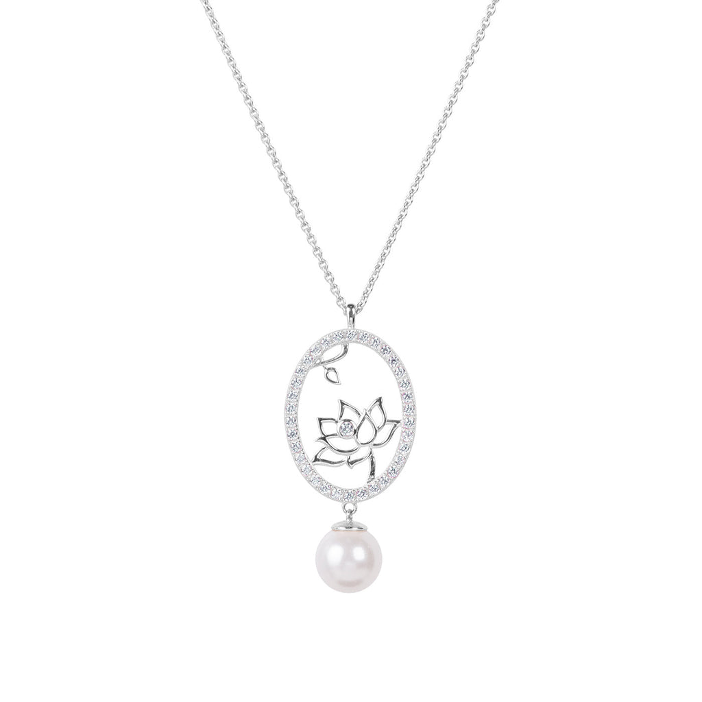 Lotus Fairies Oval Necklace Silver Front View - Shen Yun Collections