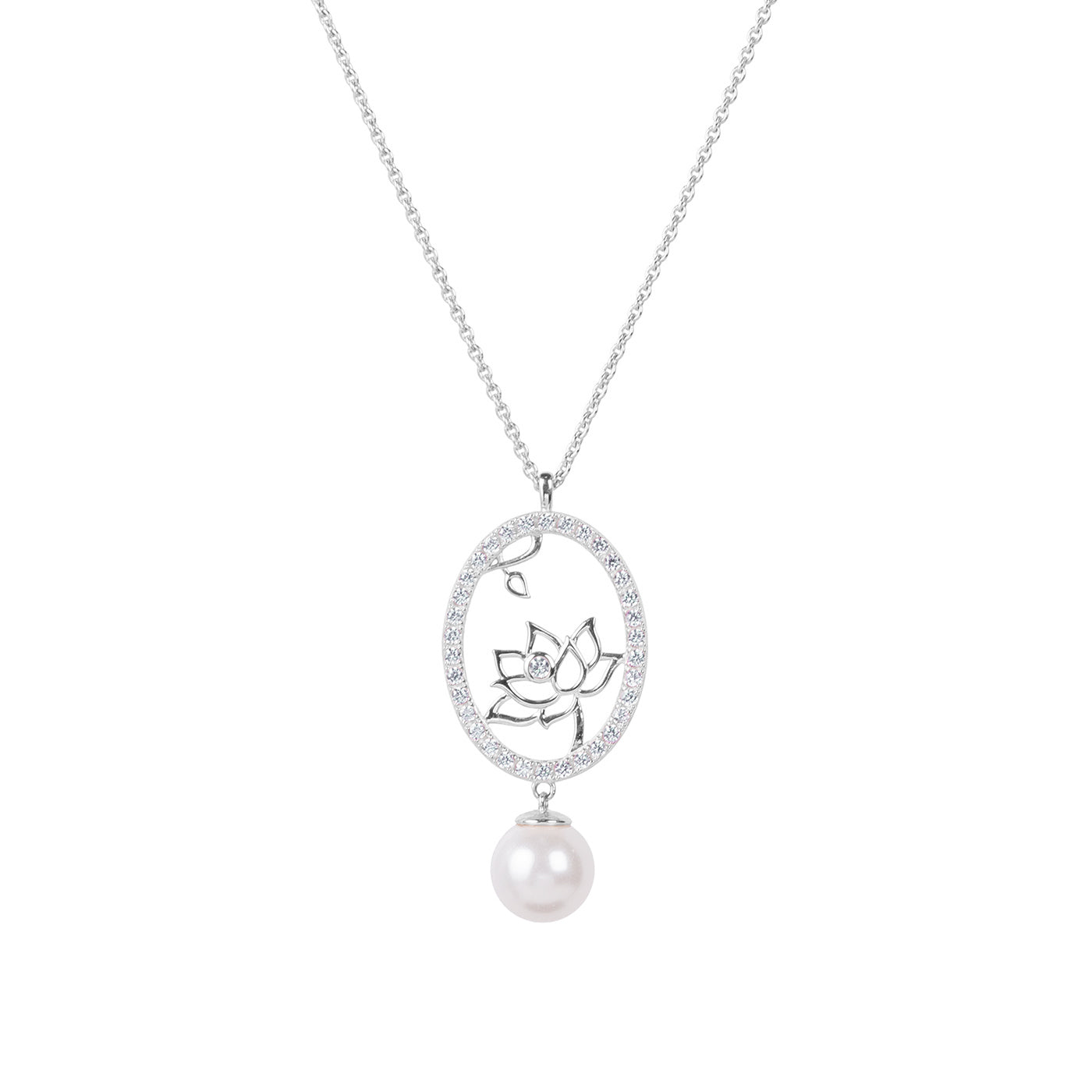 Lotus Fairies Oval Necklace Silver Front View - Shen Yun Collections