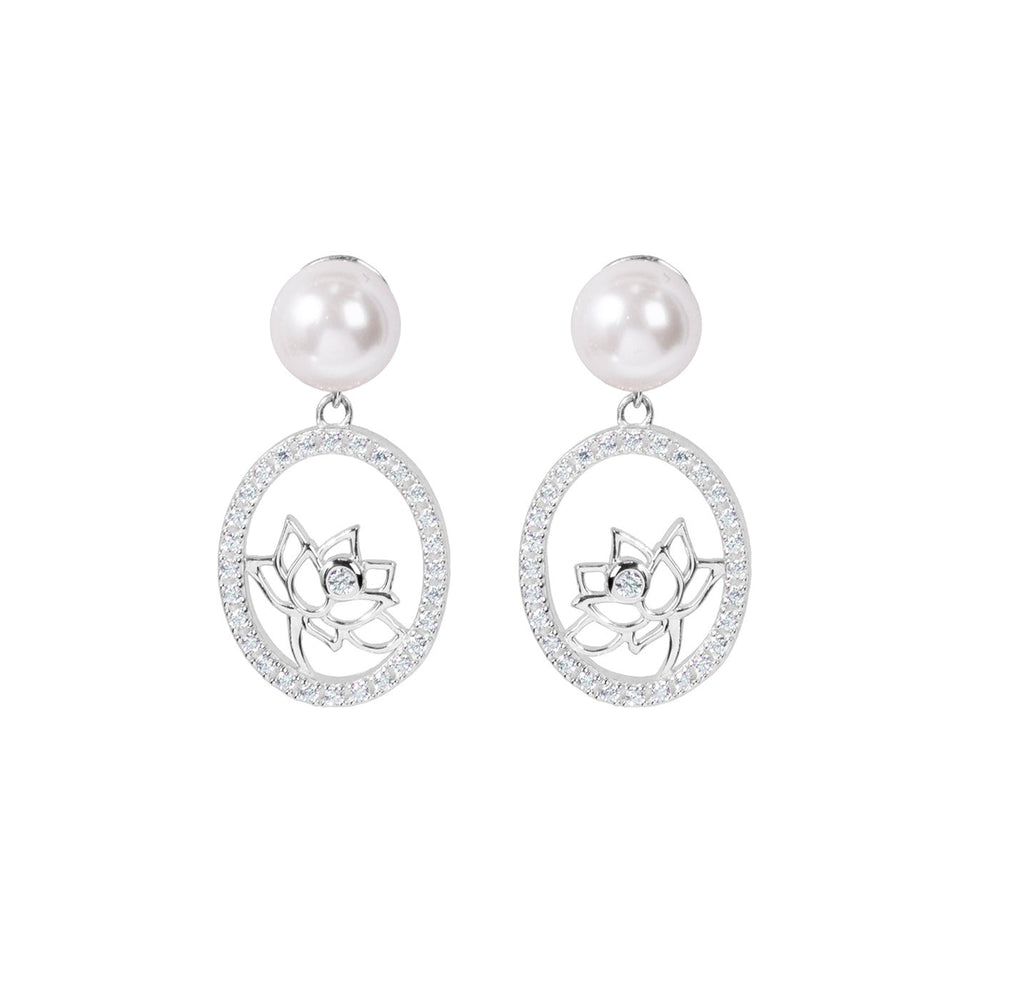 Lotus Fairies Drop Earrings Silver Front View - Shen Yun Collections