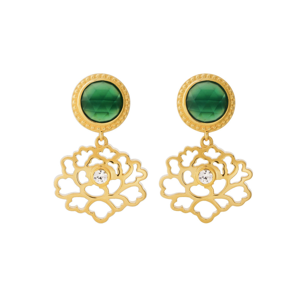 Majestic Tang Peony Earrings Gold Vermeil with Green Agate Cover | Shen Yun Collections