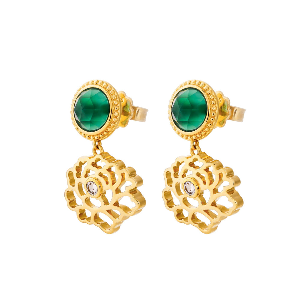 Majestic Tang Peony Earrings Gold Vermeil with Green Agate Side | Shen Yun Collections