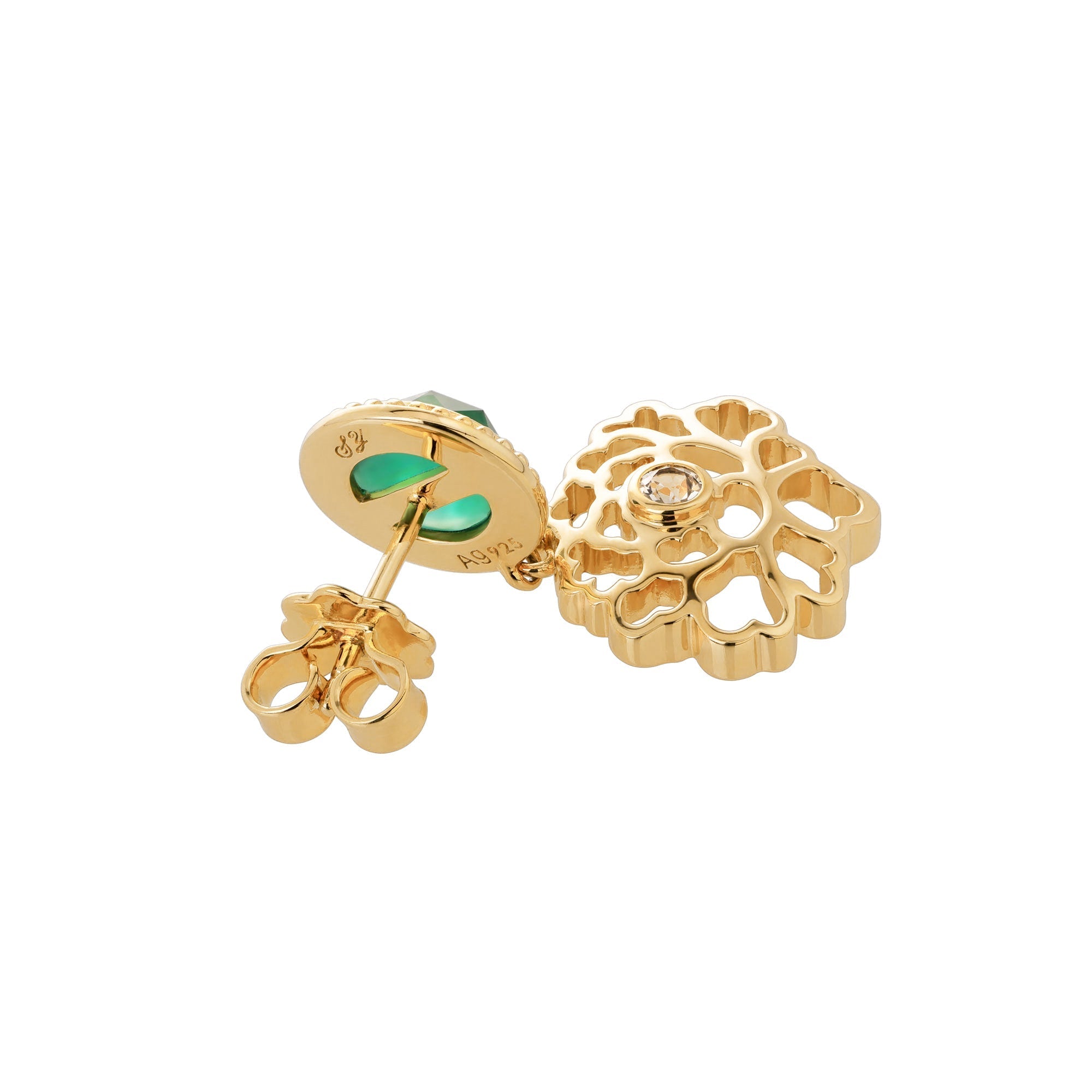 Majestic Tang Peony Earrings Gold Vermeil with Green Agate Back | Shen Yun Collections