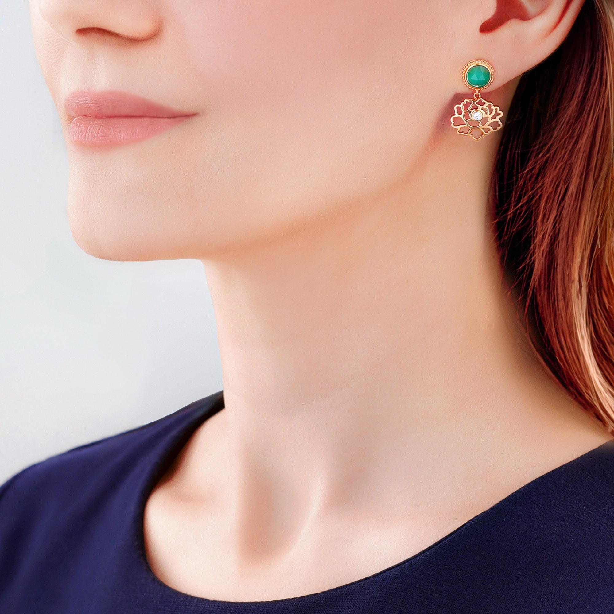 Majestic Tang Peony Earrings Gold Vermeil with Green Agate Model | Shen Yun Collections