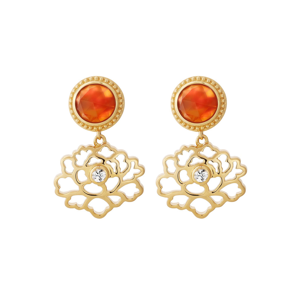 Majestic Tang Peony Earrings Gold Vermeil with Orange Carnelian Cover | Shen Yun Collections