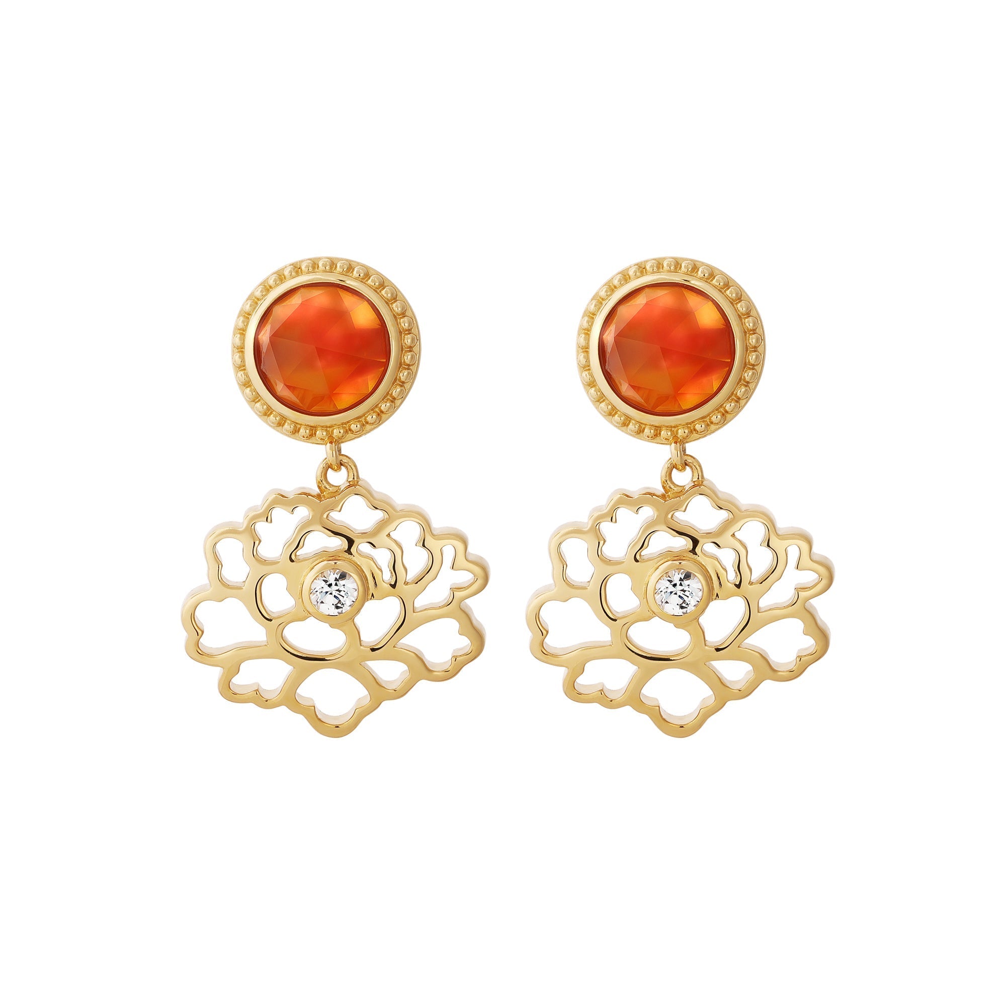 Majestic Tang Peony Earrings Gold Vermeil with Orange Carnelian Cover | Shen Yun Collections