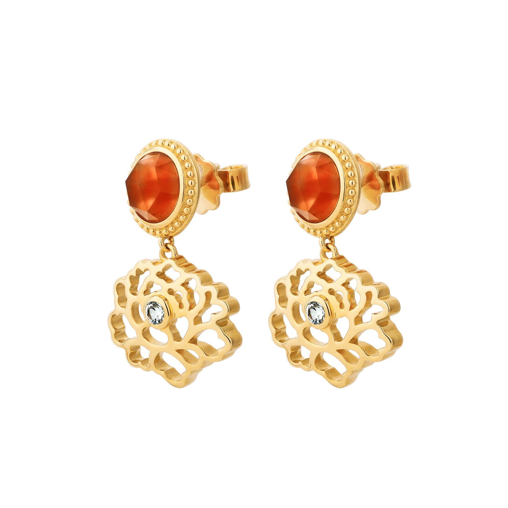 Majestic Tang Peony Earrings Gold Vermeil with Orange Carnelian Side | Shen Yun Collections