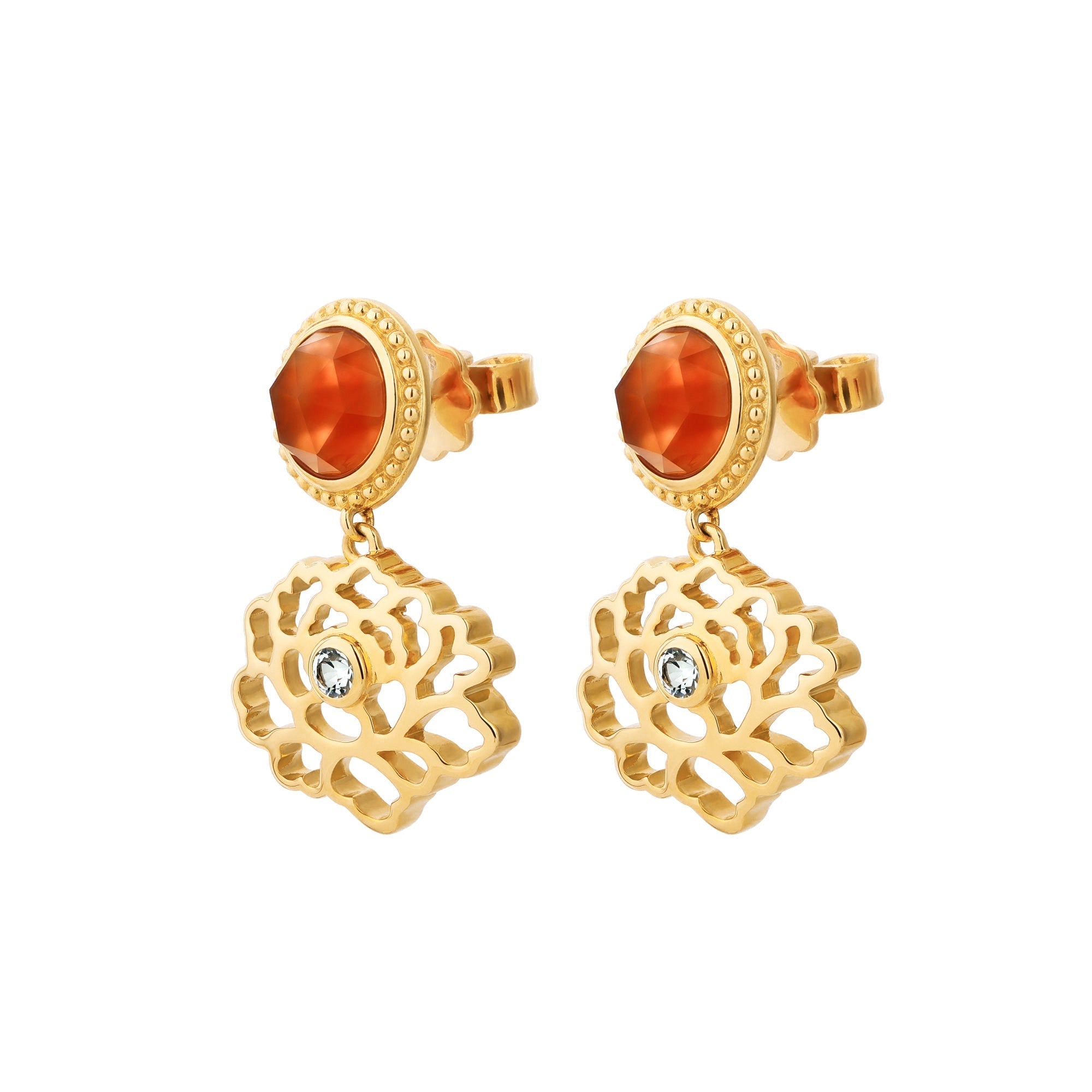 Majestic Tang Peony Earrings Gold Vermeil with Orange Carnelian Side | Shen Yun Collections