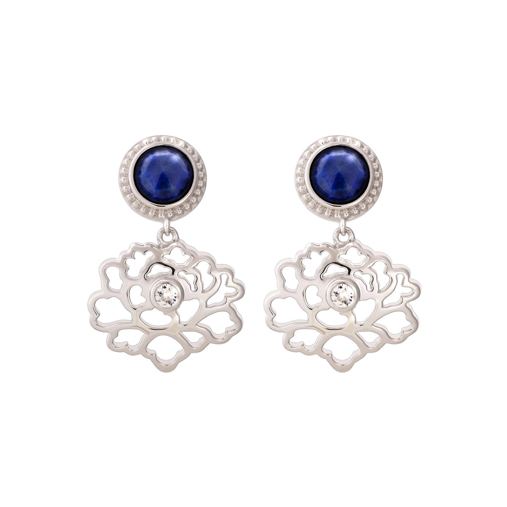 Majestic Tang Peony Earrings Silver with Lapis Front | Shen Yun Collections