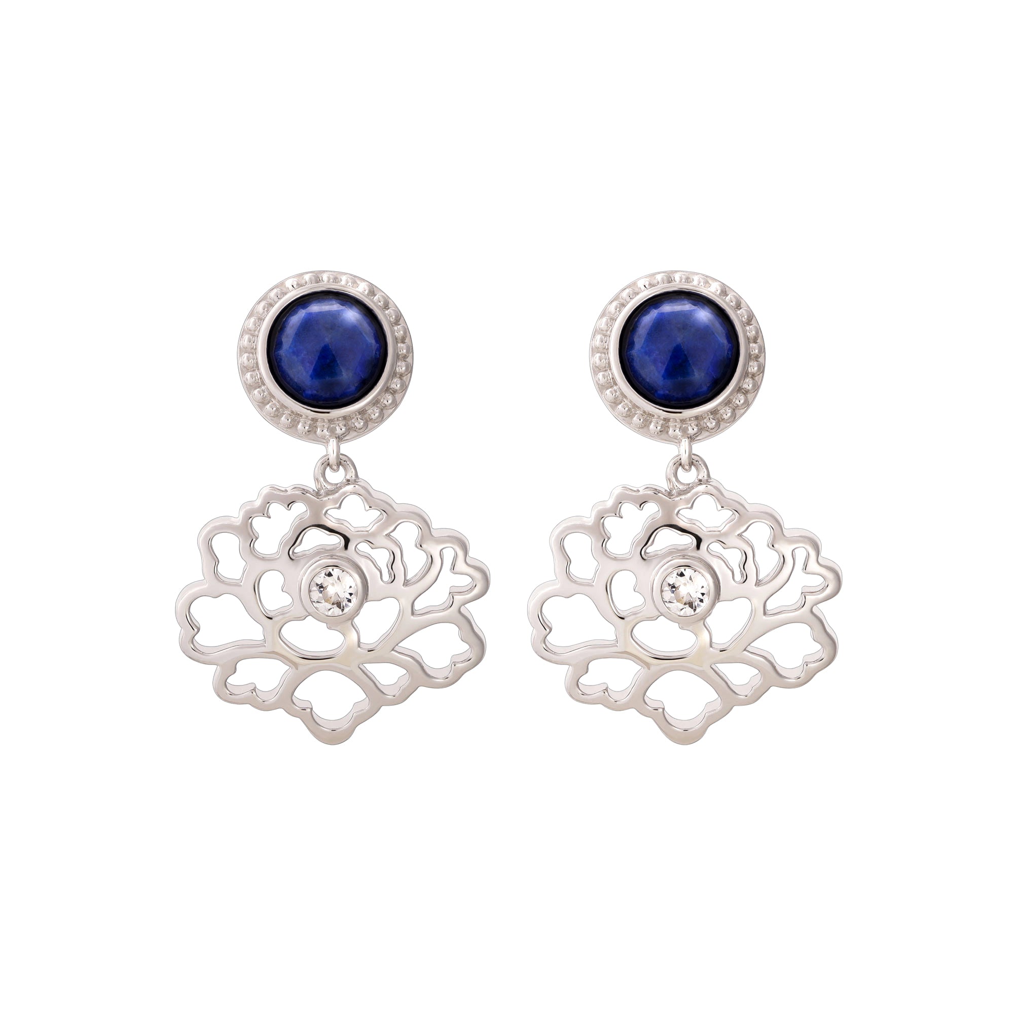 Majestic Tang Peony Earrings Silver with Lapis Front | Shen Yun Collections