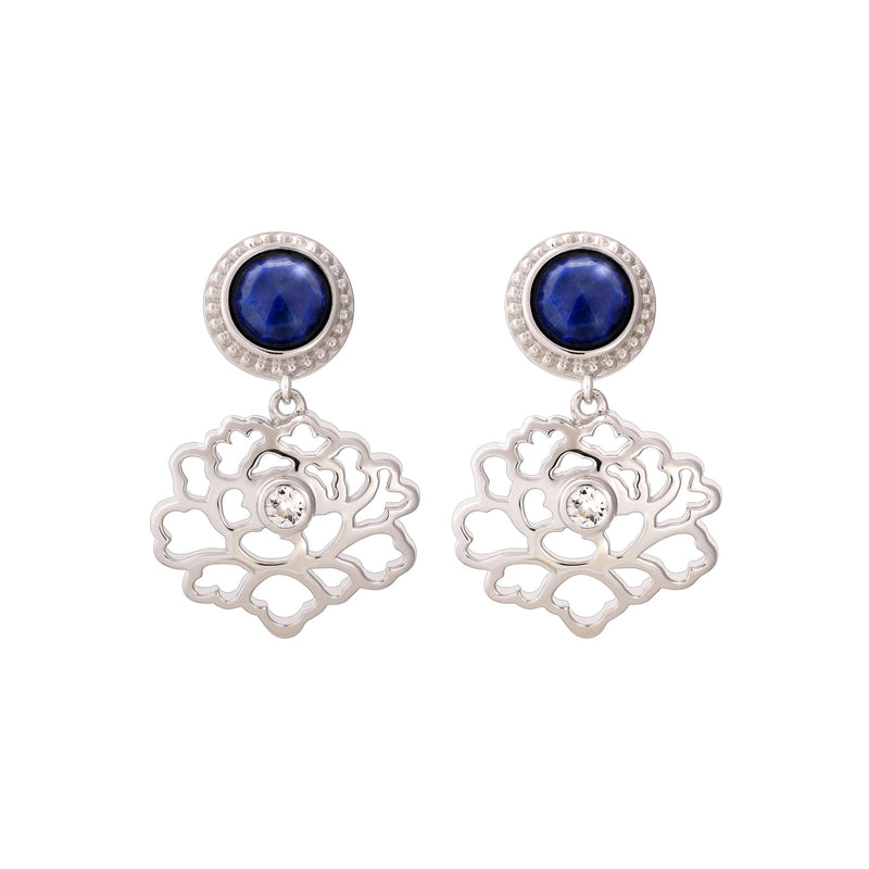 Majestic Tang Peony Earrings Silver with Lapis Front | Shen Yun Collections