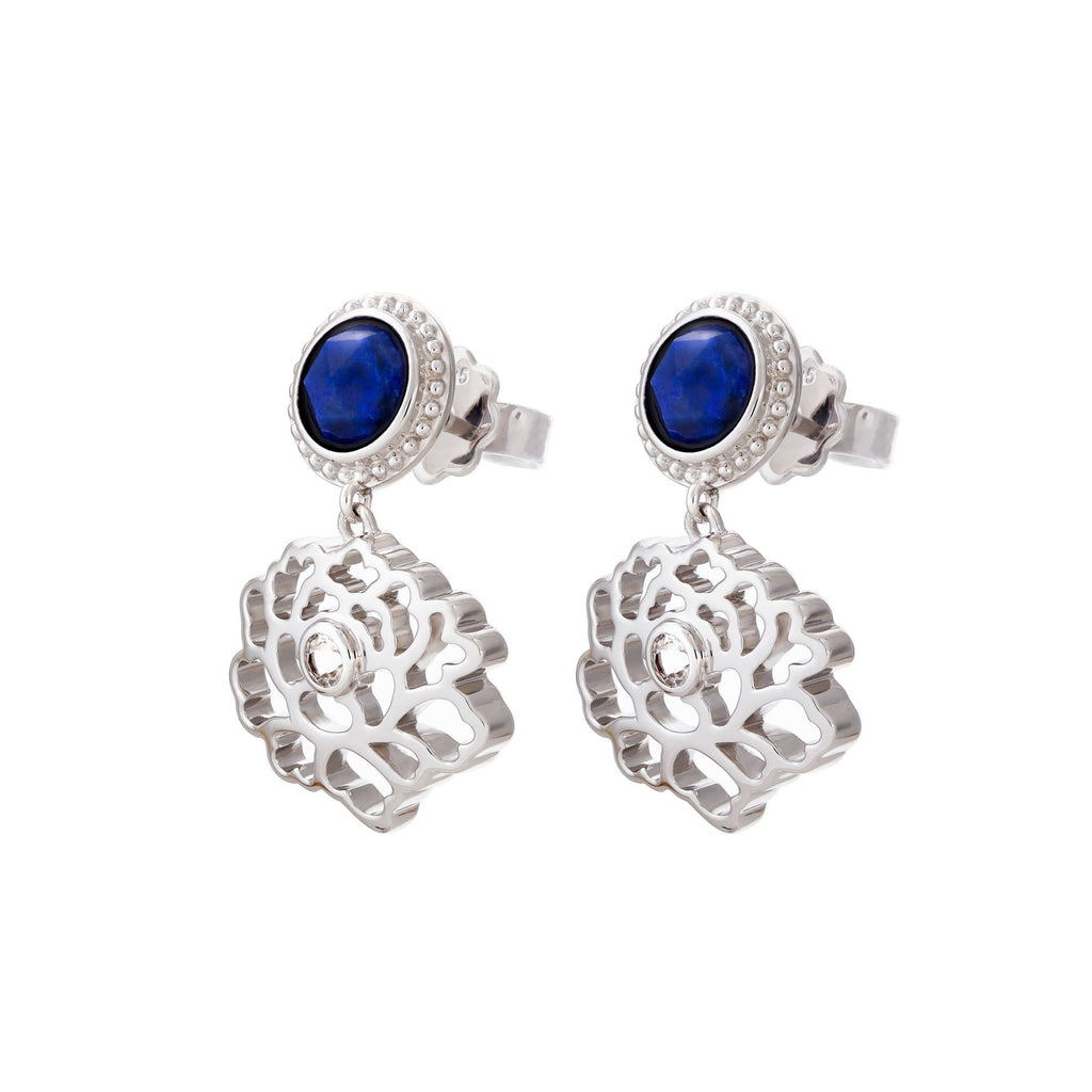 Majestic Tang Peony Earrings Silver with Lapis Side | Shen Yun Collections