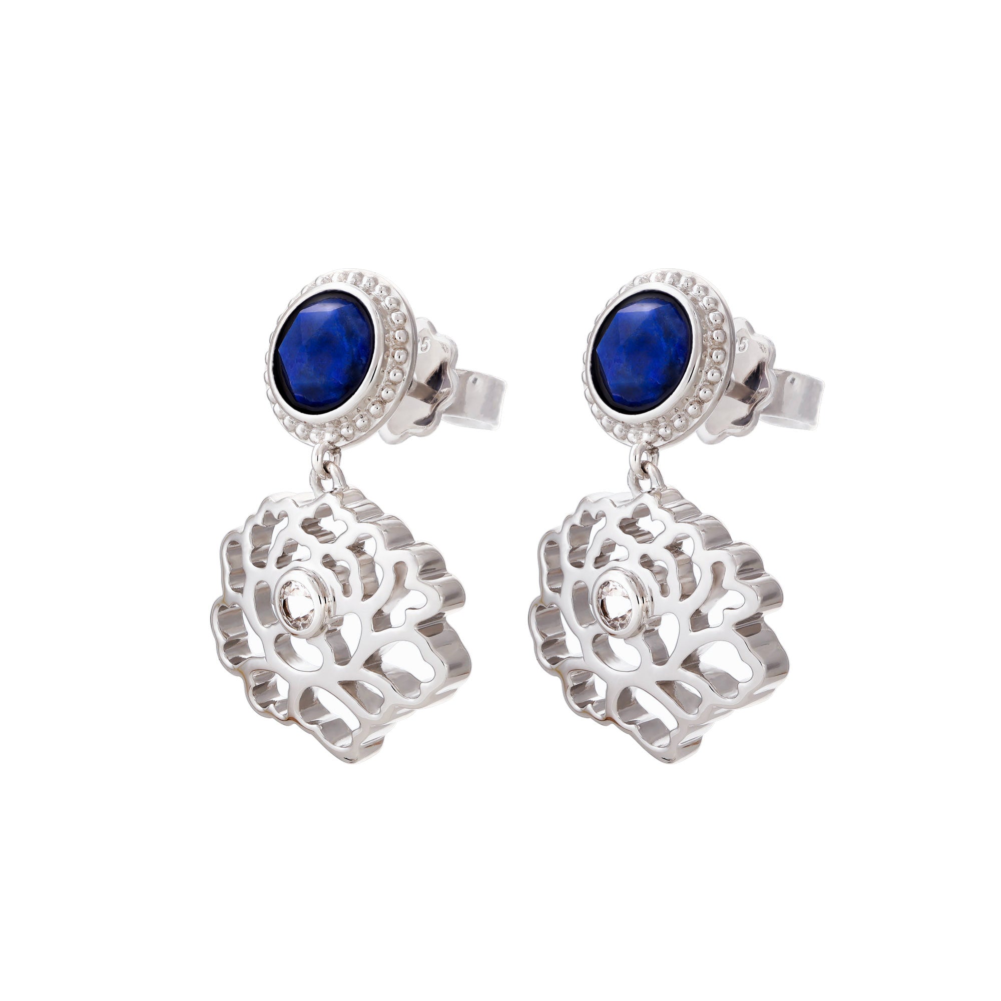 Majestic Tang Peony Earrings Silver with Lapis Side | Shen Yun Collections