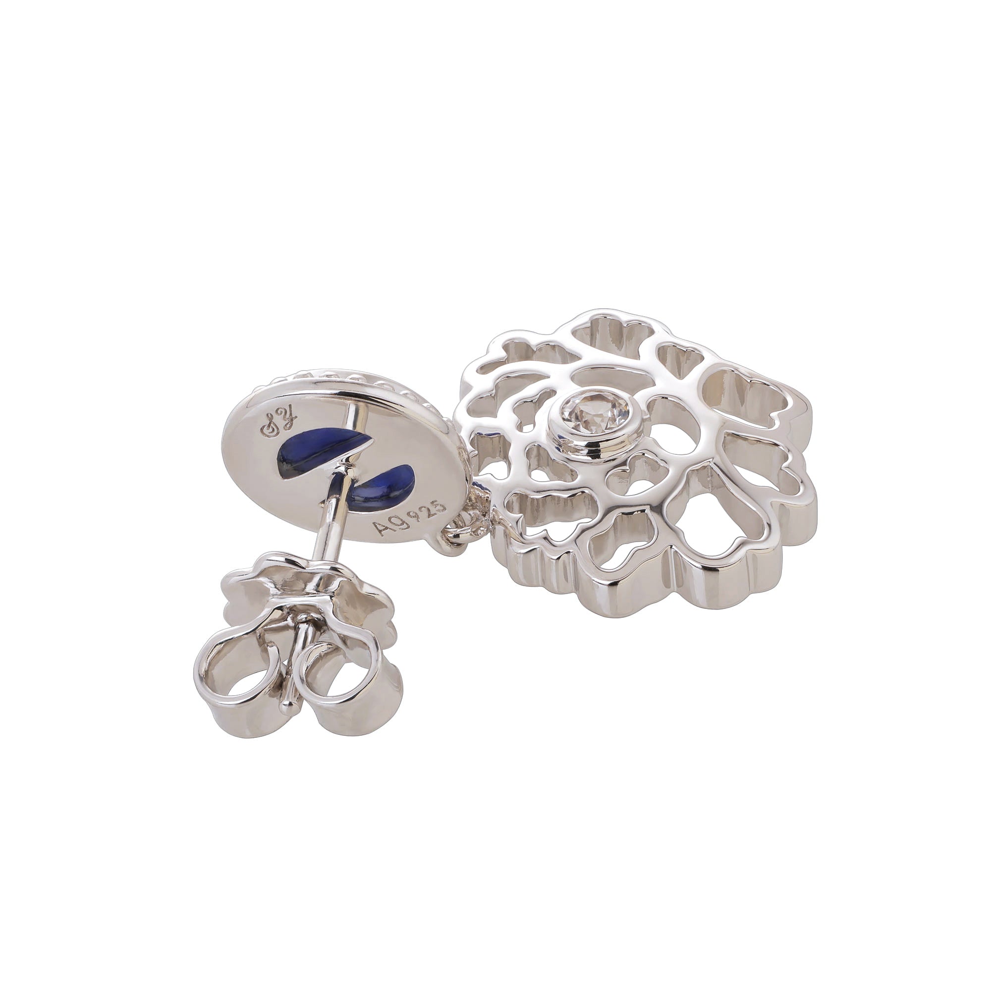 Majestic Tang Peony Earrings Silver with Lapis Back | Shen Yun Collections