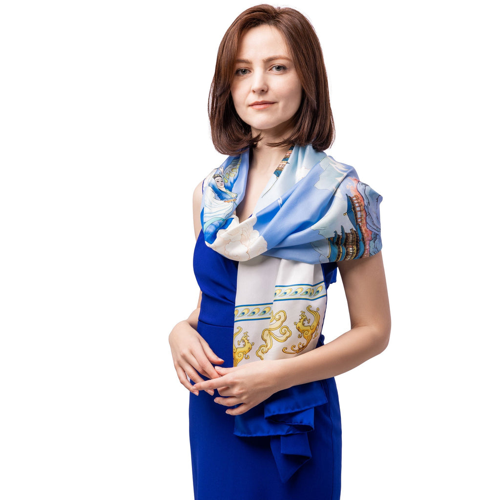 Phoenix of the Sapphire World Silk Long Scarf Model Image | Shen Yun Collections