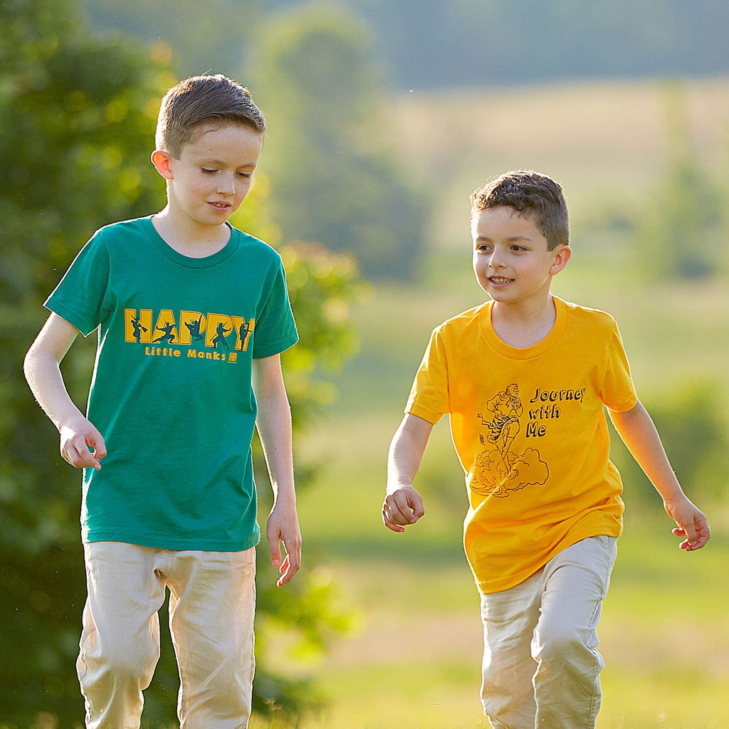 The Magical Monkey King Children T-Shirt Golden Yellow and Happy Little Monks Children T-Shirt Kelly Green Lifestyle Model Image 1 | Shen Yun Collections