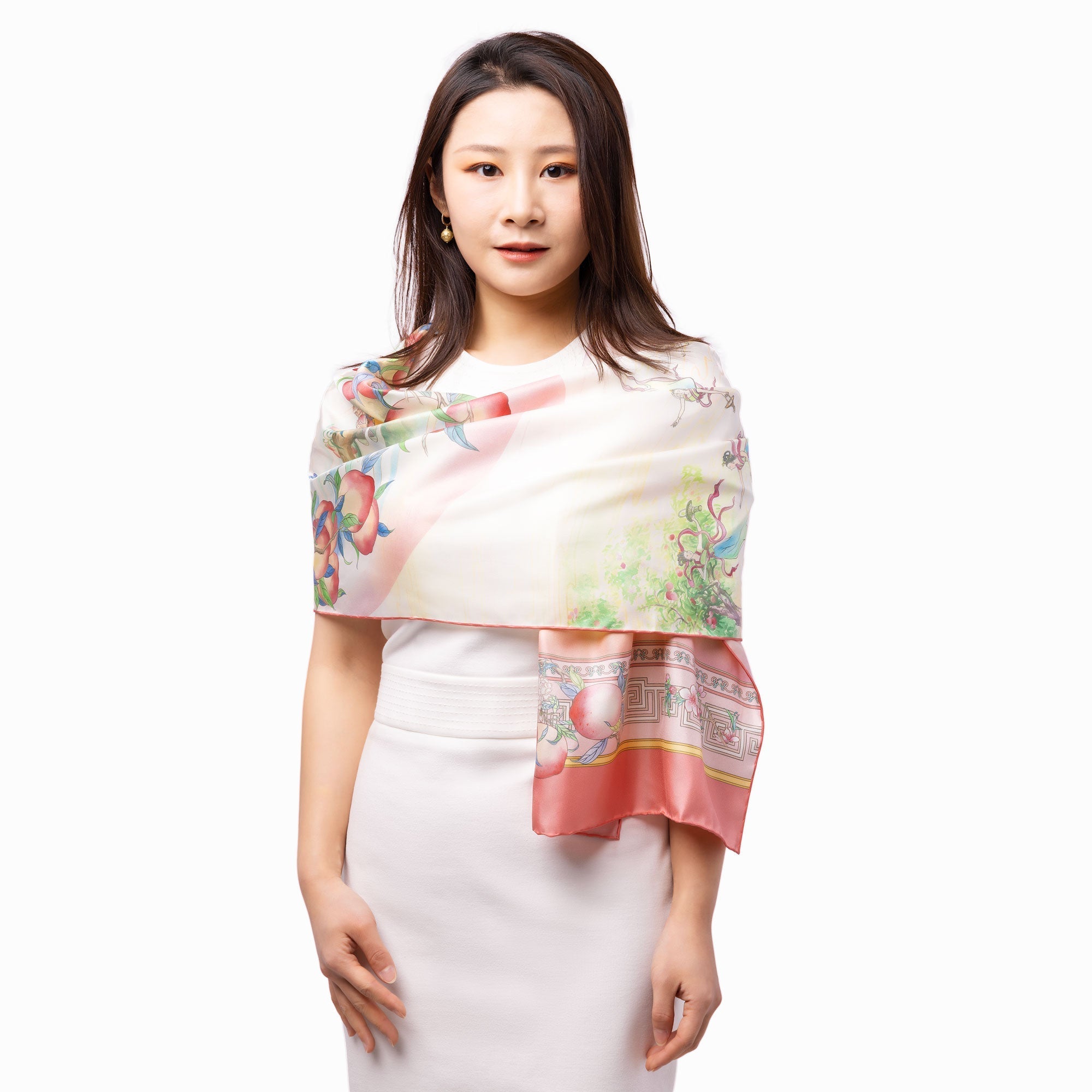 The Peaches of Immortality Silk Long Scarf Model | Shen Yun Collections